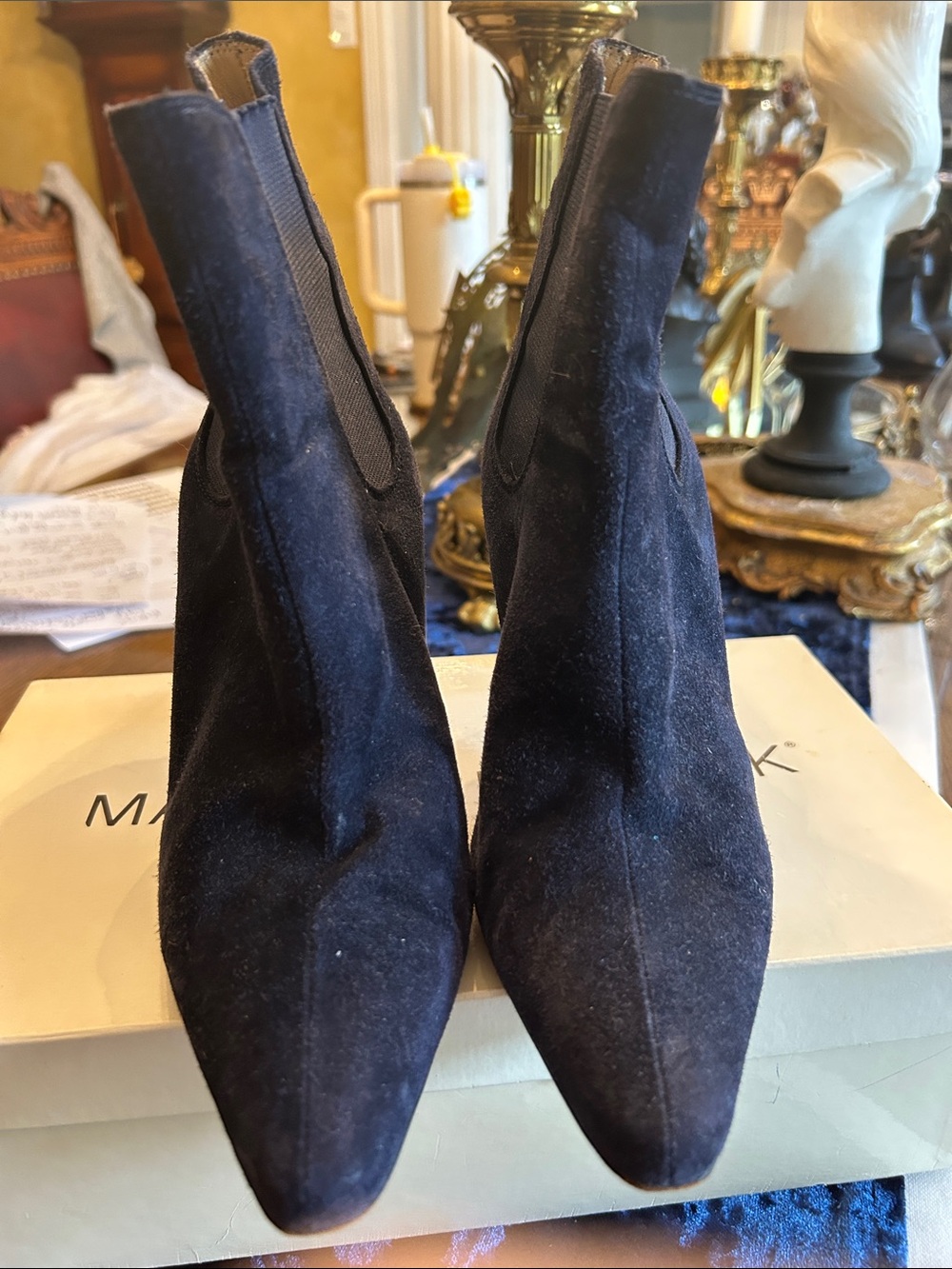 Manolo Blahnik Navy Suede Pointed Chelsea Booties
